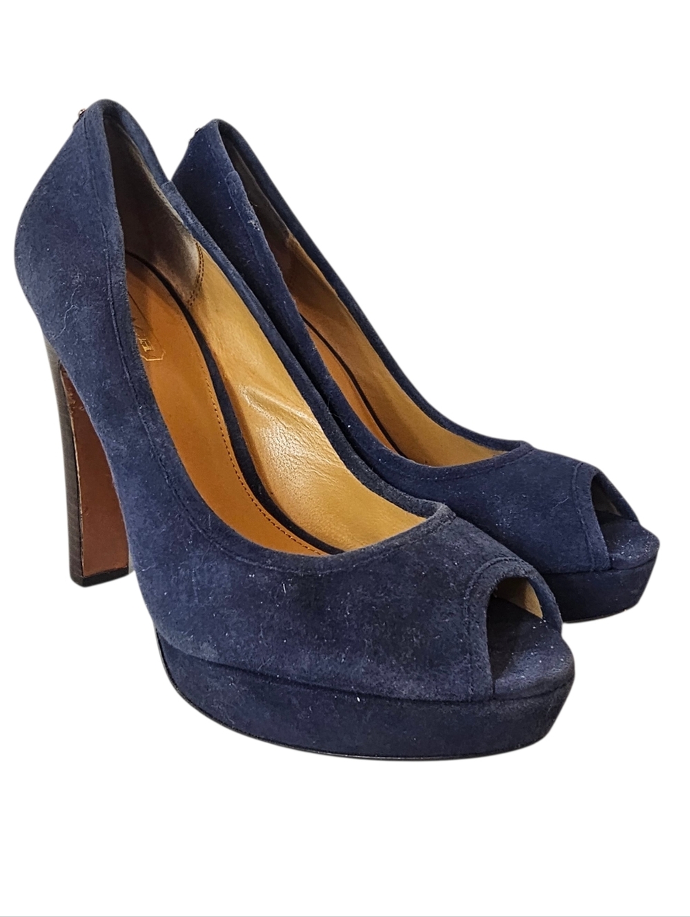 Coach Navy Suede Peep-Toe Platform Pumps Size 7 Quiet Luxury Office Wedding